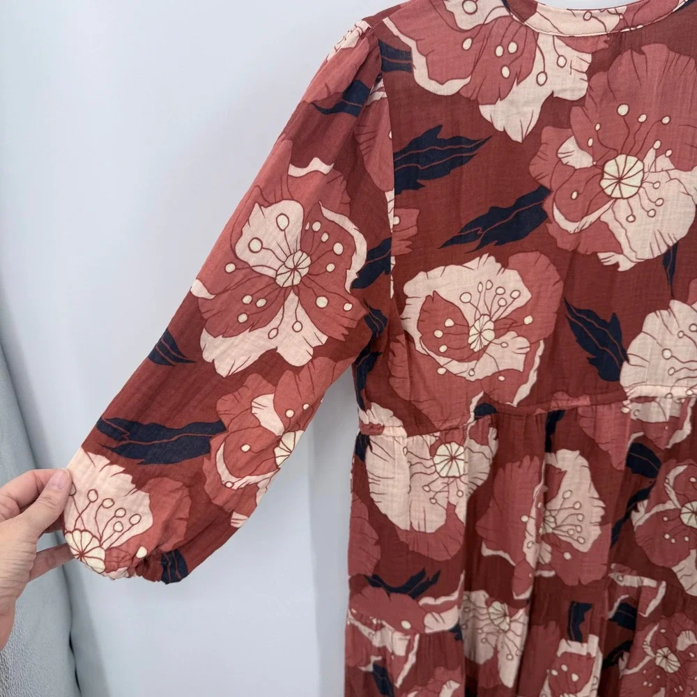 Marine Layer Rust Floral Cotton Gauze Tiered Midi Dress 15850 Womens Medium‎